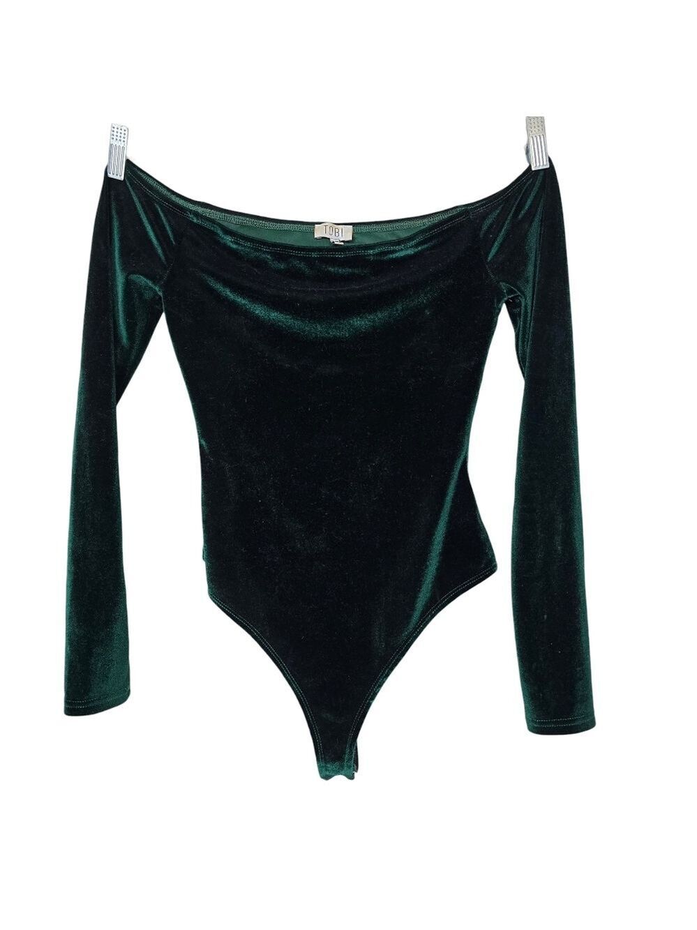 Tobi Deep Green Velvet Off Shoulder Long Sleeves Bodysuit XS